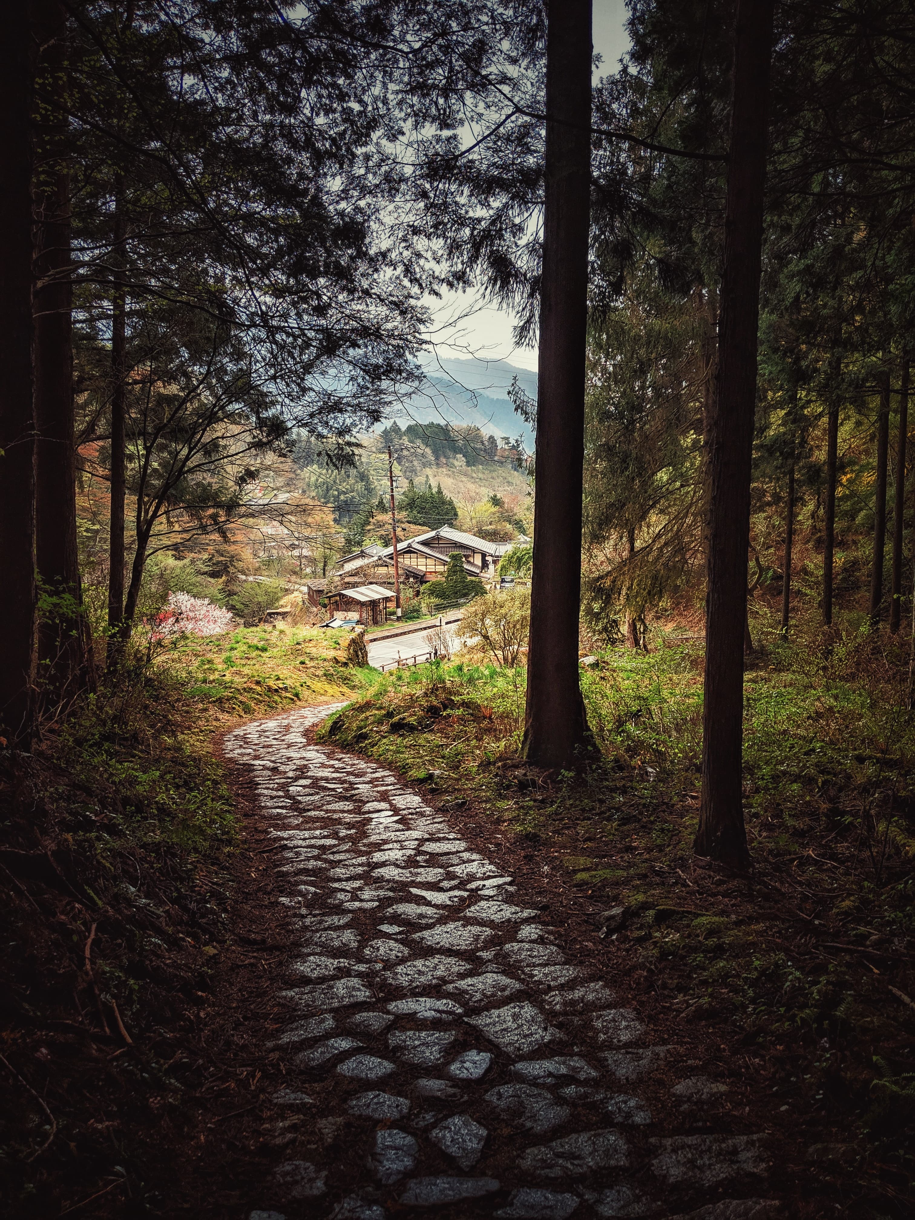 A cobble-stone paved portion of the Nakasendō trail in Japan